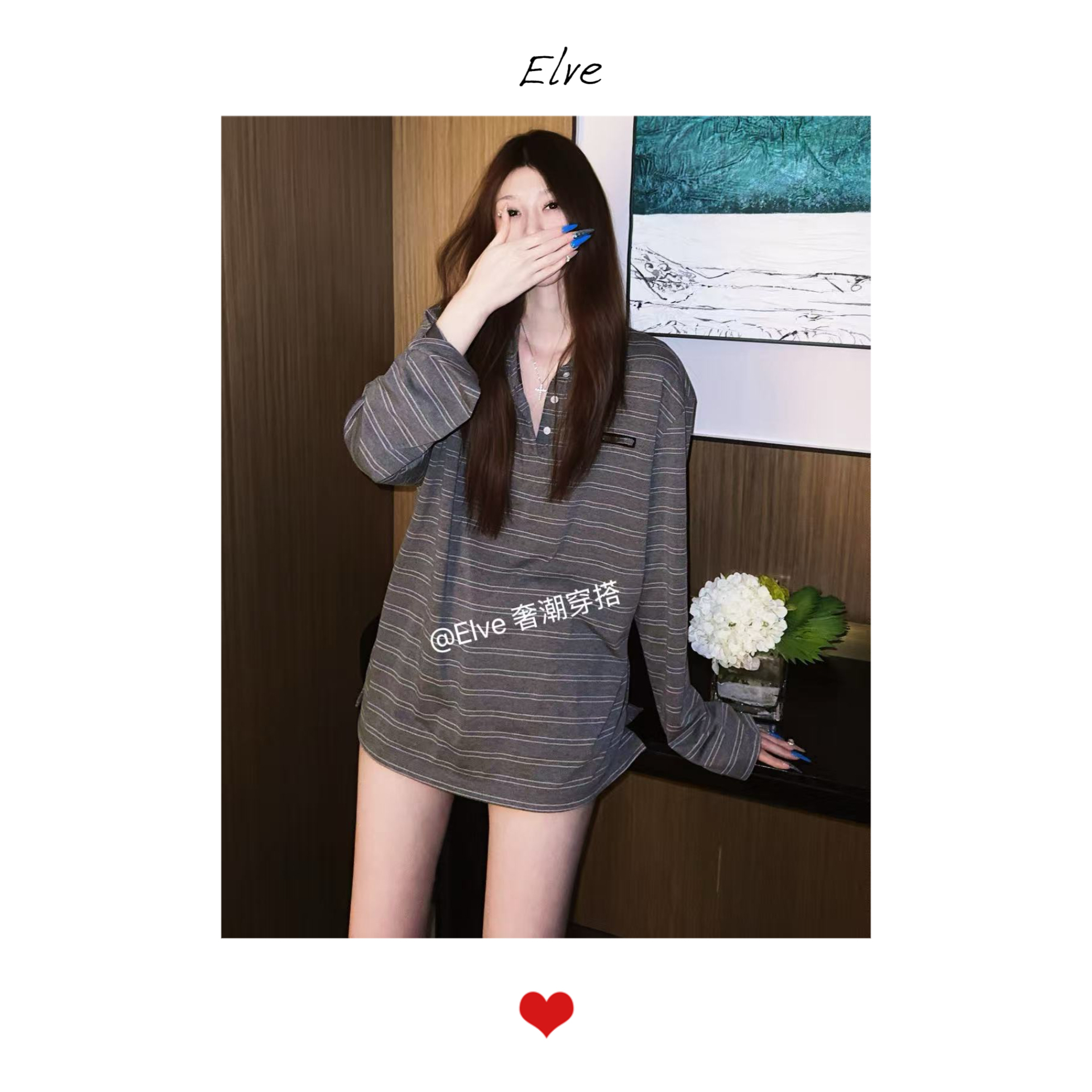 高版本M灰色条纹时尚宽松慵懒风韩版休闲复古百搭POLO领长袖T恤