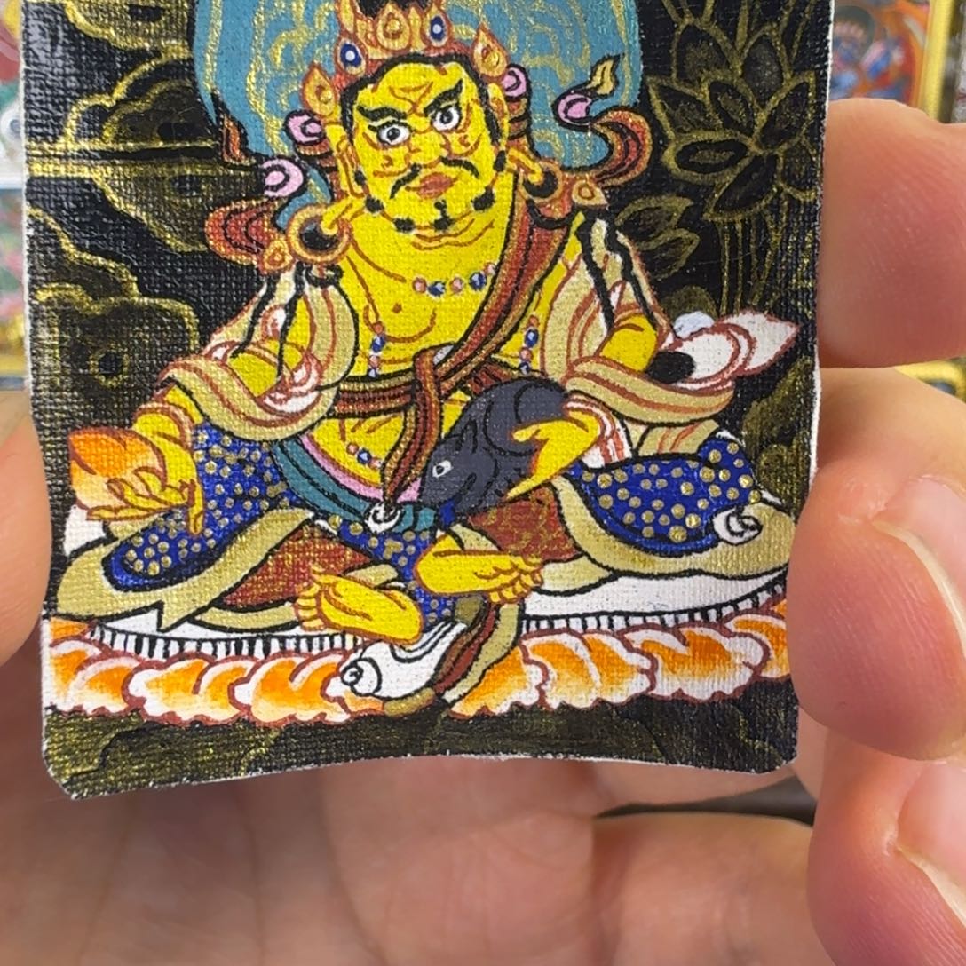 吊坠纯手绘黑金黄财神唐卡