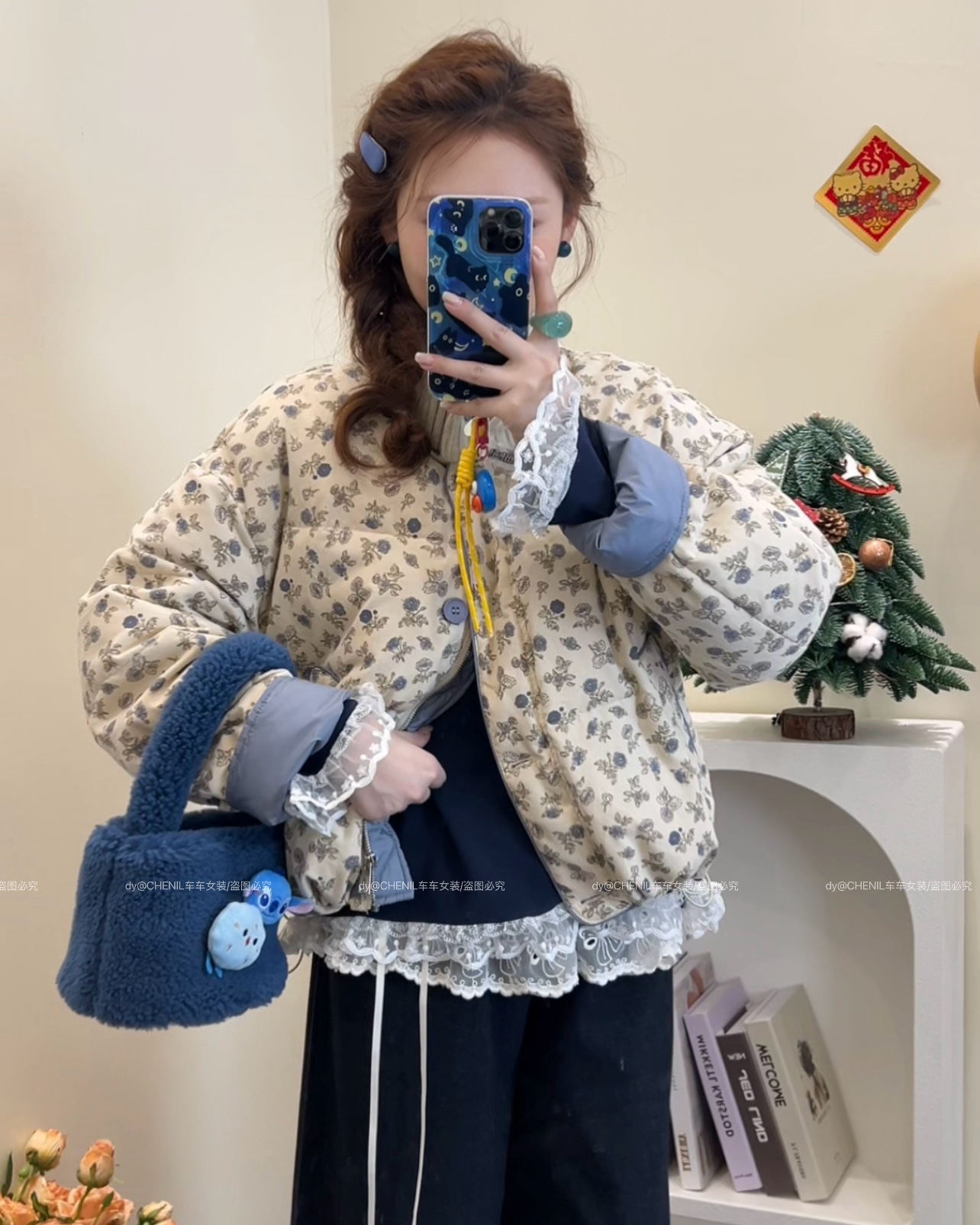 CHECHE【童谣】韩系风自带围巾设计师款碎花棉服冬季夹棉棕色蓝色