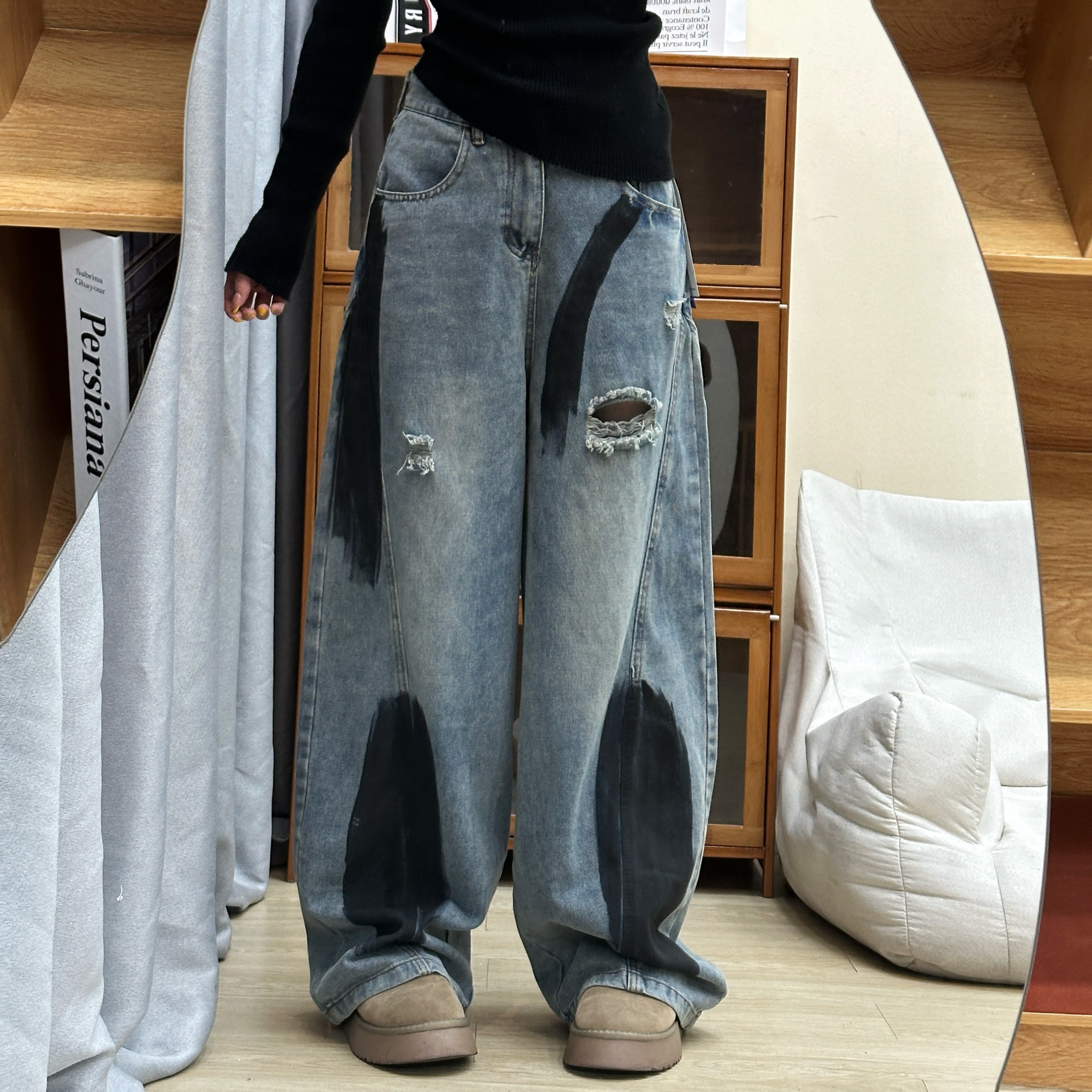 陆笙好美式破洞脏脏宽松弯刀阔腿裤百搭复古休闲直筒拖地裤男女款