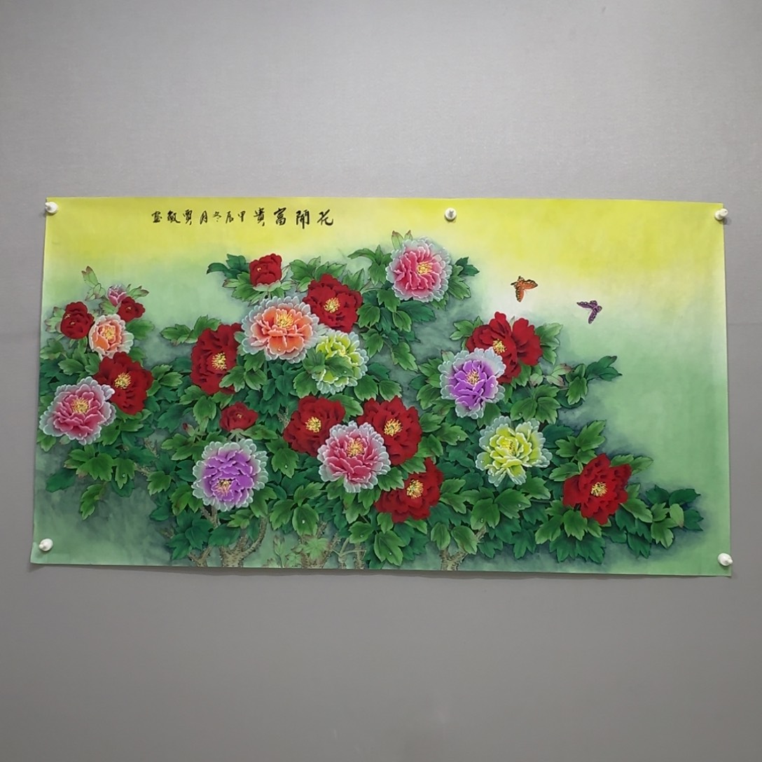 国画横幅六尺精品工笔牡丹贾敏