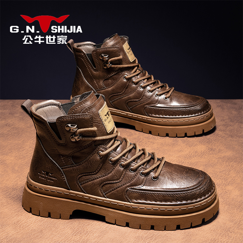 公牛世家男士秋冬休闲百搭增高中帮马丁靴英伦风潮流时尚厚底男靴