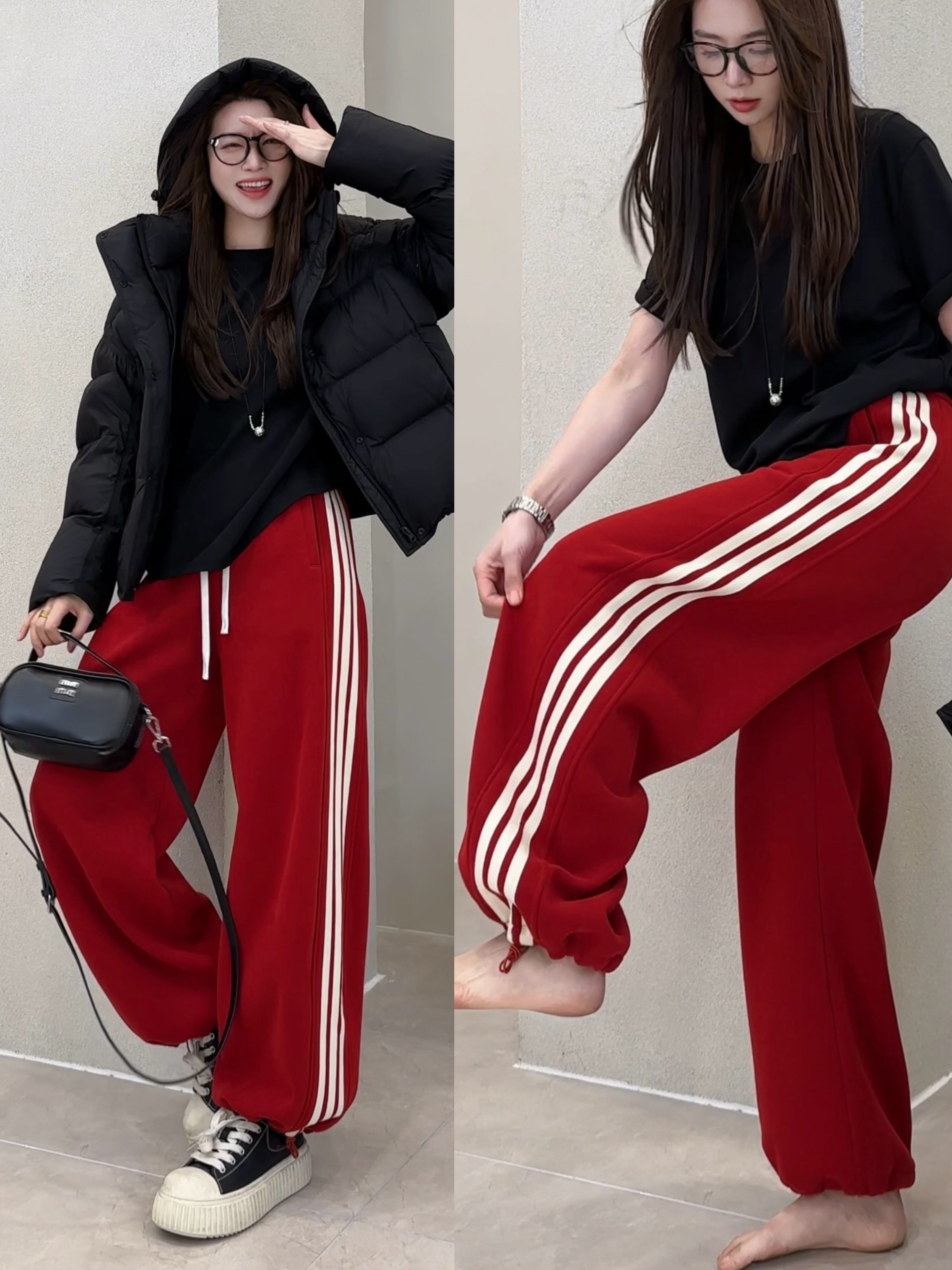 月月 2025冬季校服裤侧缝撞色加绒加厚高腰直筒裤 2511C8110