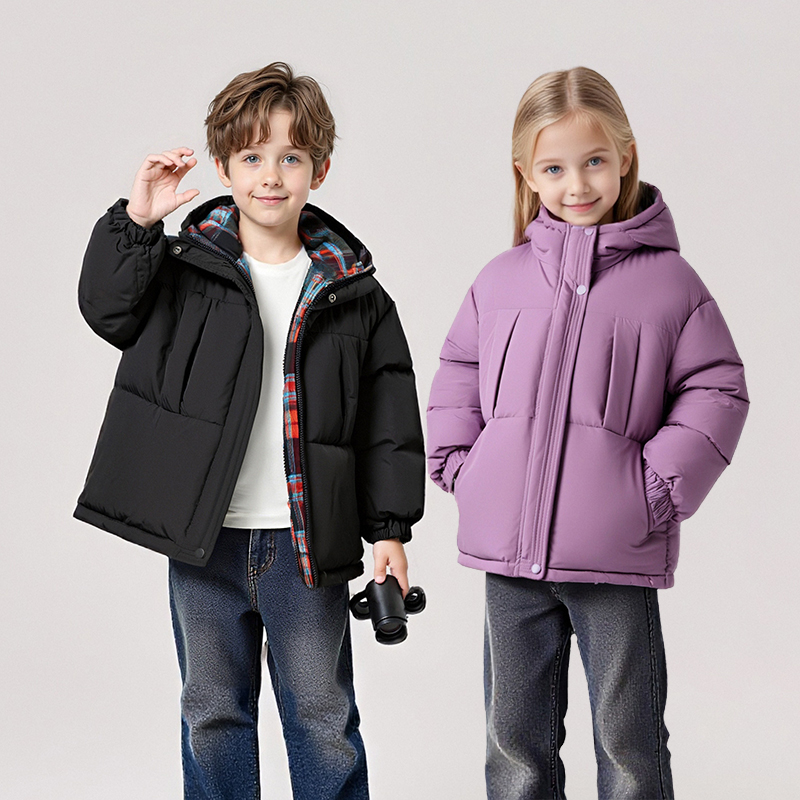 小黄鸭儿童双面穿连帽冬穿加厚格子羽绒服外套XMT4SU880