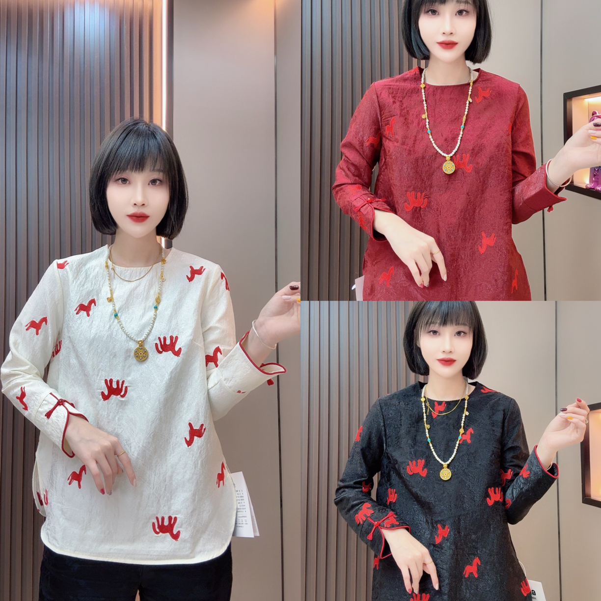 敏宝＋4408刺绣小红马新中式提花上衣