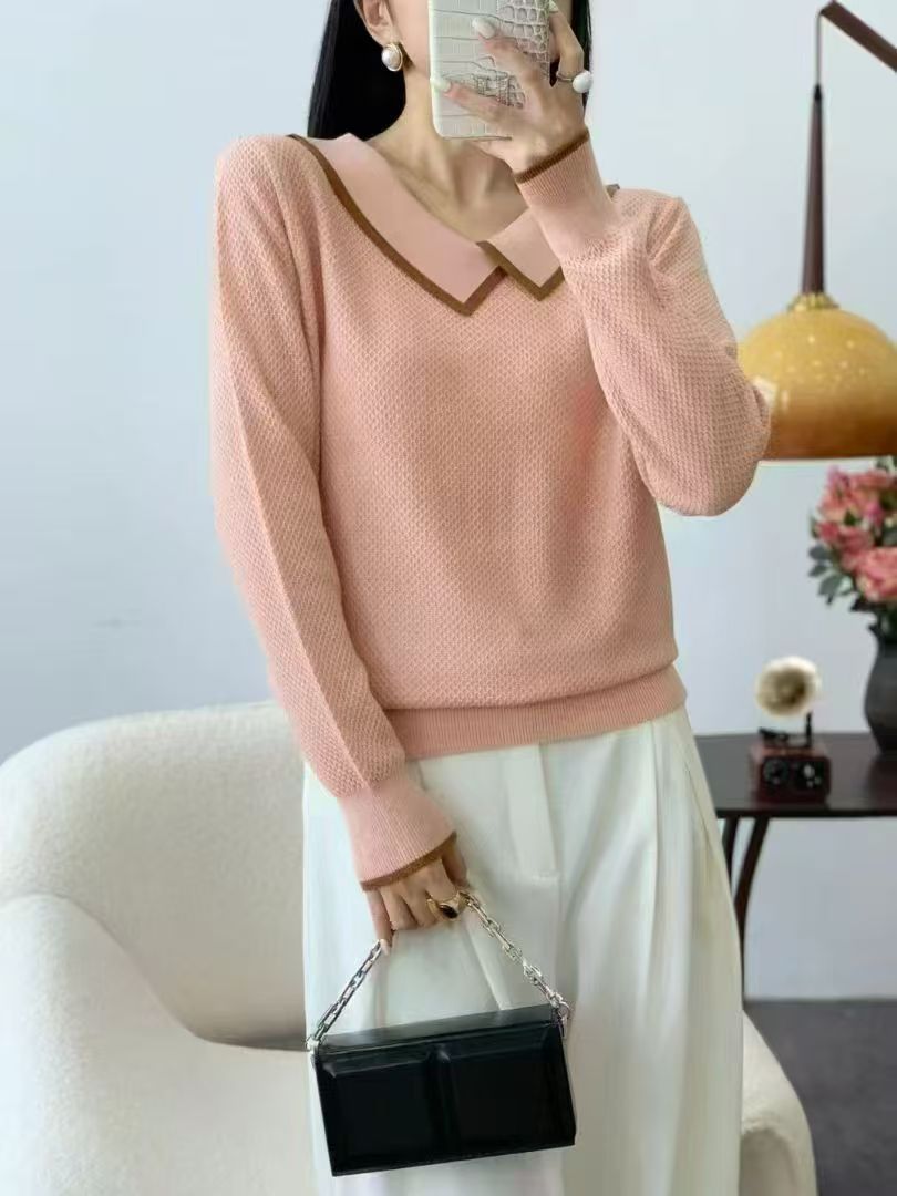 131【粉  斜方领    长袖】高级气质针织女衫