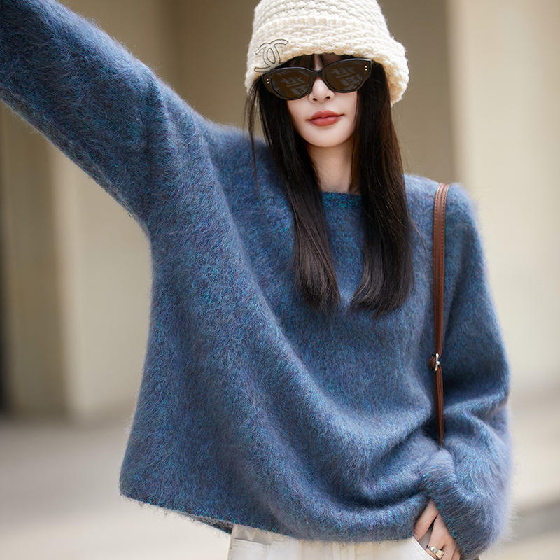 法式无缝花纱拉绒纯羊毛衫女宽松慵懒毛衣2025秋冬打底衫女装上衣