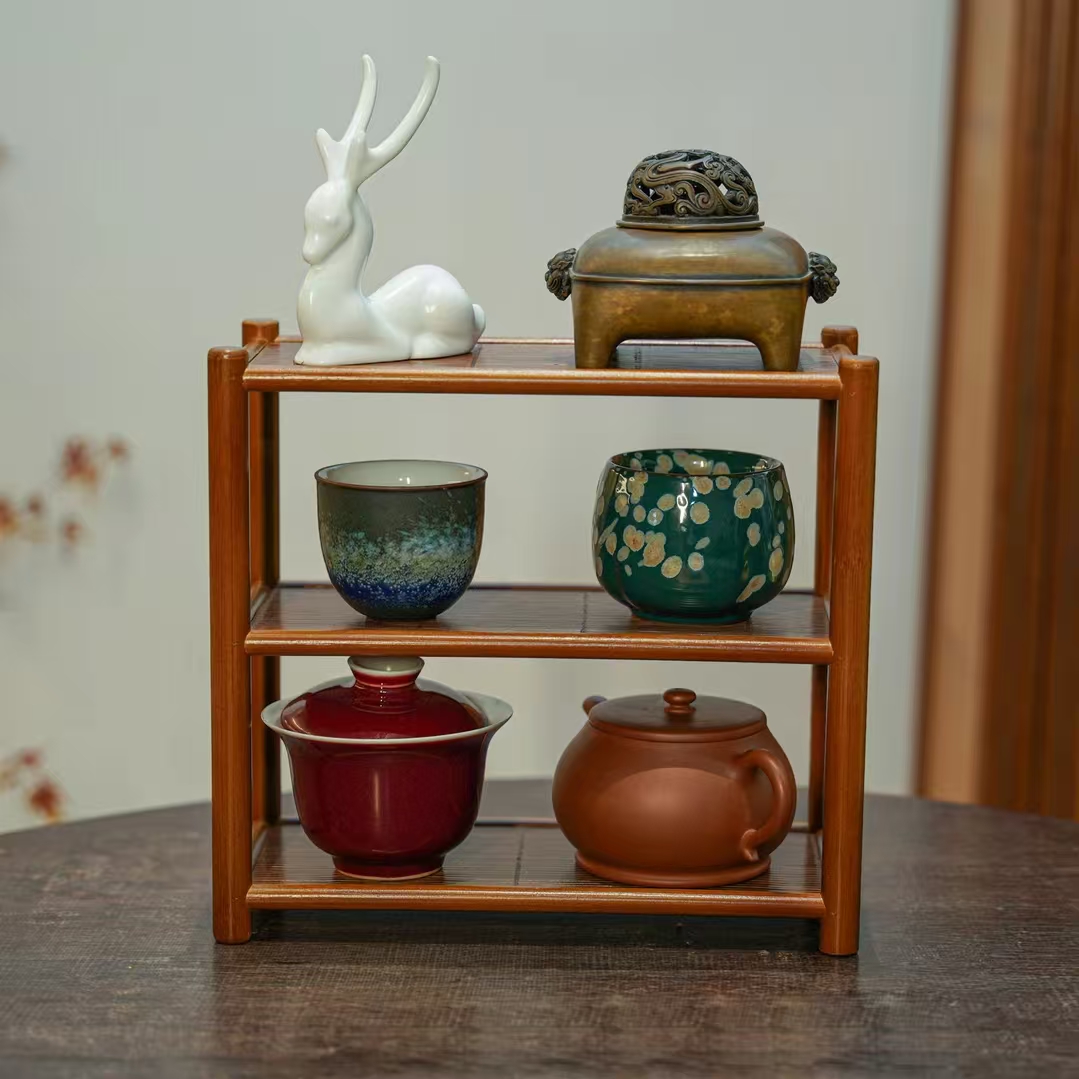 高山楠竹素味茶具架杯桌面收纳展示架茶道配件云梯三层博古架