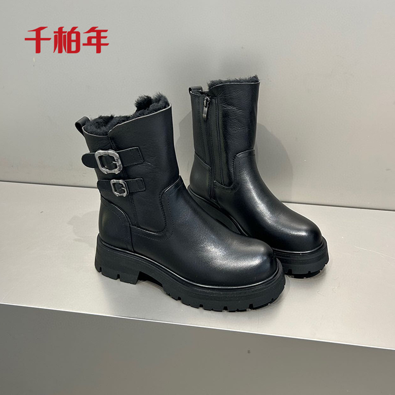 千柏年新款牛皮加厚绒羊毛内里圆头平跟拉链舒适马丁雪地靴C4376