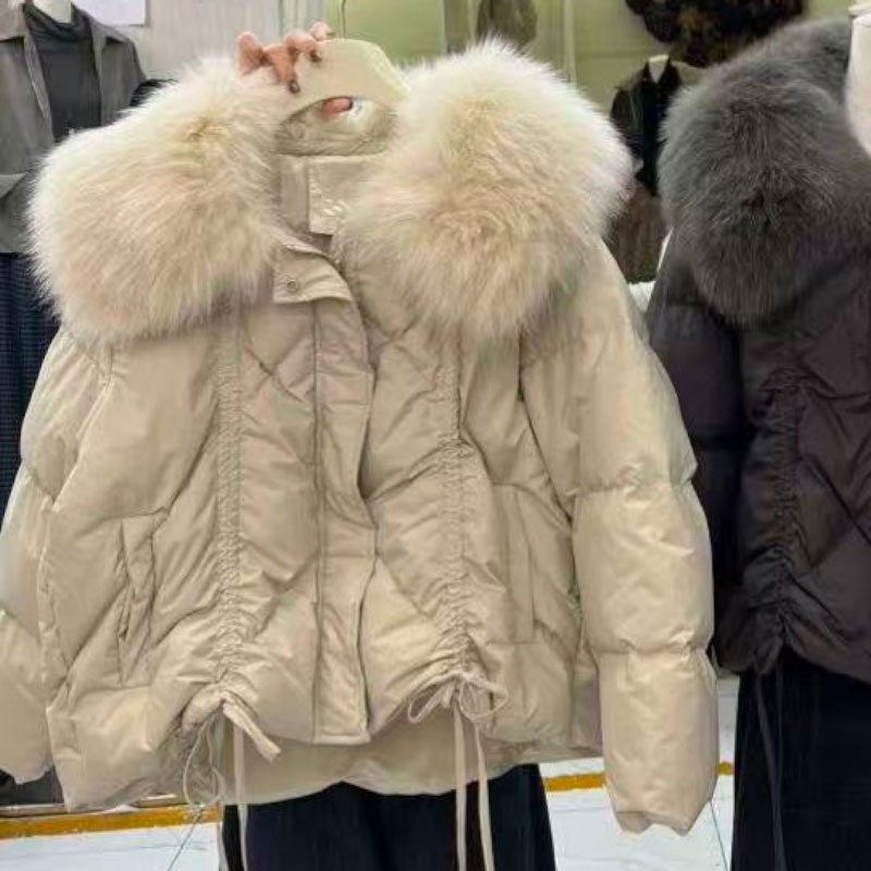 DENGDAHA  大狐狸毛翻领90羽绒服时髦抽绳保暖白鸭绒短外套 31161