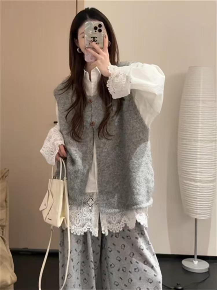 春季一整套女装2025年新款韩系穿搭蕾丝花边衬衫马甲阔腿裤三件套