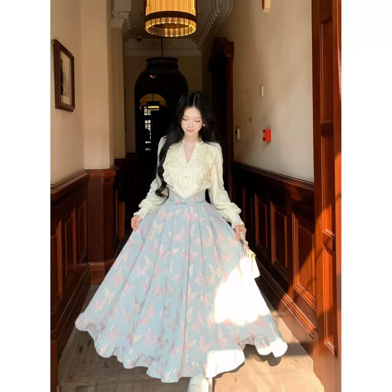大码胖mm蕾丝衬衫高腰马面裙套装女2025秋冬新款清冷感绝美两件套