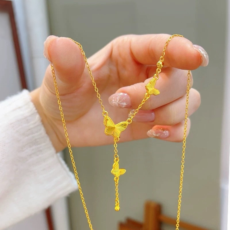 坠链均足银 足银镭射蝴蝶项链气质时尚百搭金色仙女