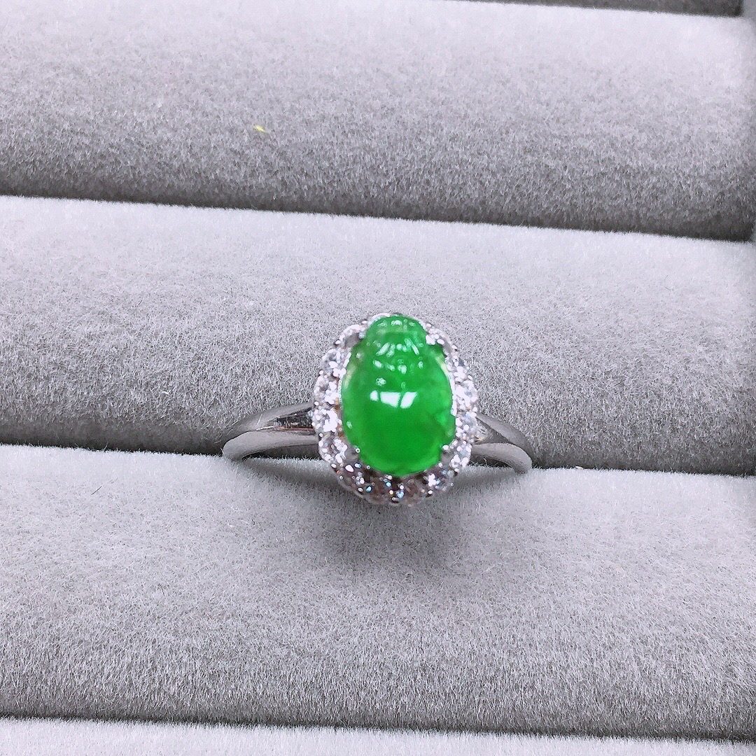 天然缅甸翡翠A货925银镶嵌冰种阳绿貔貅戒指