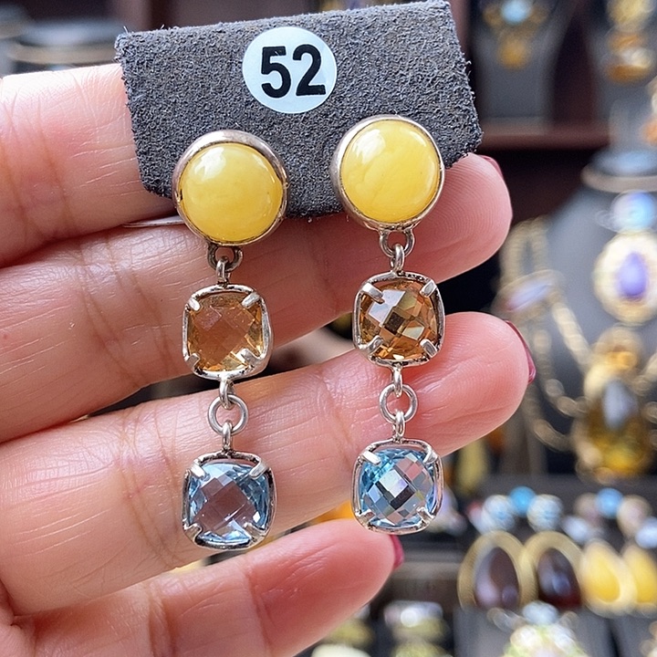 琥珀耳饰银S925镶嵌耳环