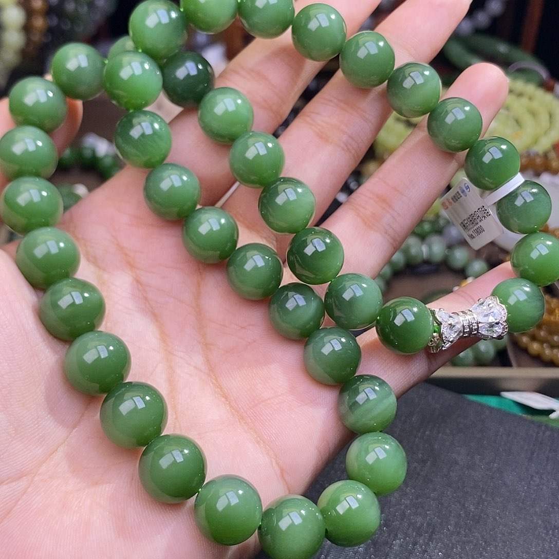 和田玉未镶嵌碧玉老矿绿猫眼项链约12mm