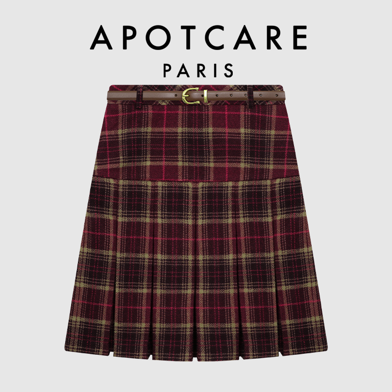 【新品】法国APOTCARE官网 毛呢格纹百褶中裙女2025年冬季新款