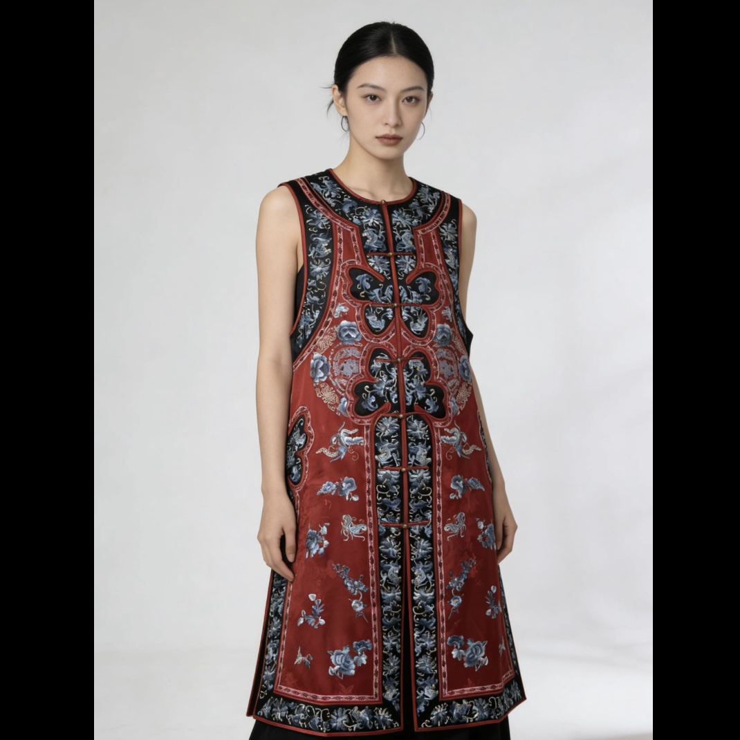 岚盈栖新款桑蚕丝复古刺绣时尚对开襟马甲中国风上衣6371民族风