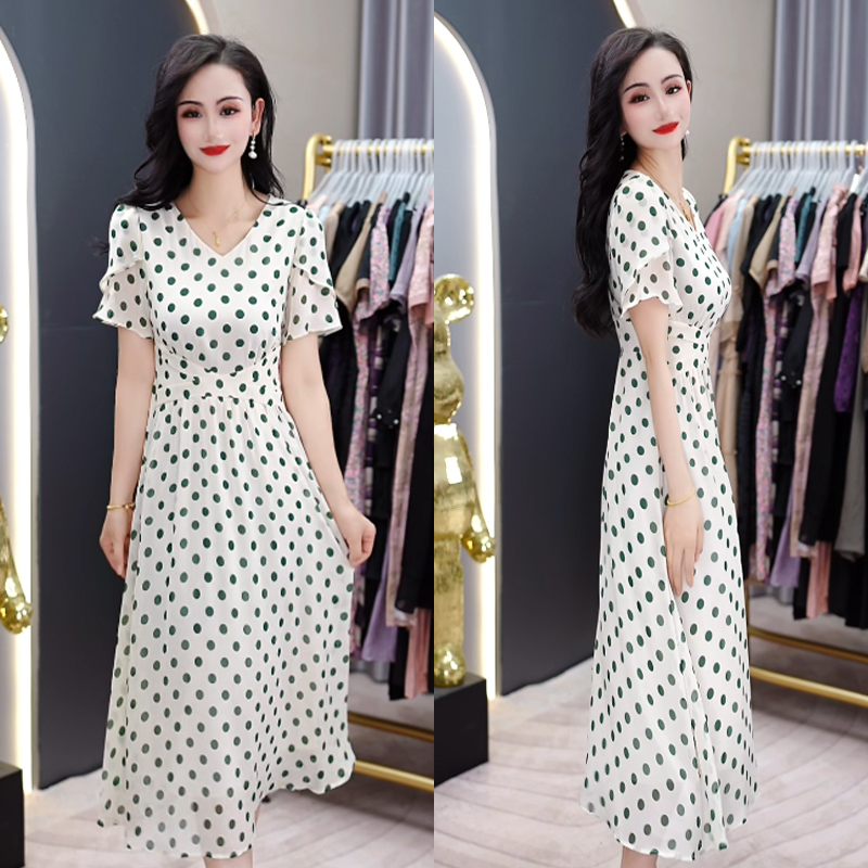 2025夏新款短袖时尚冰羽丝波点重工艺大方洋气气质收腰显瘦连衣裙