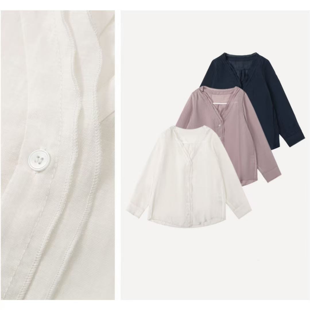 韩系简约夏季新品双层花边V领微透宽松衬衫21965#