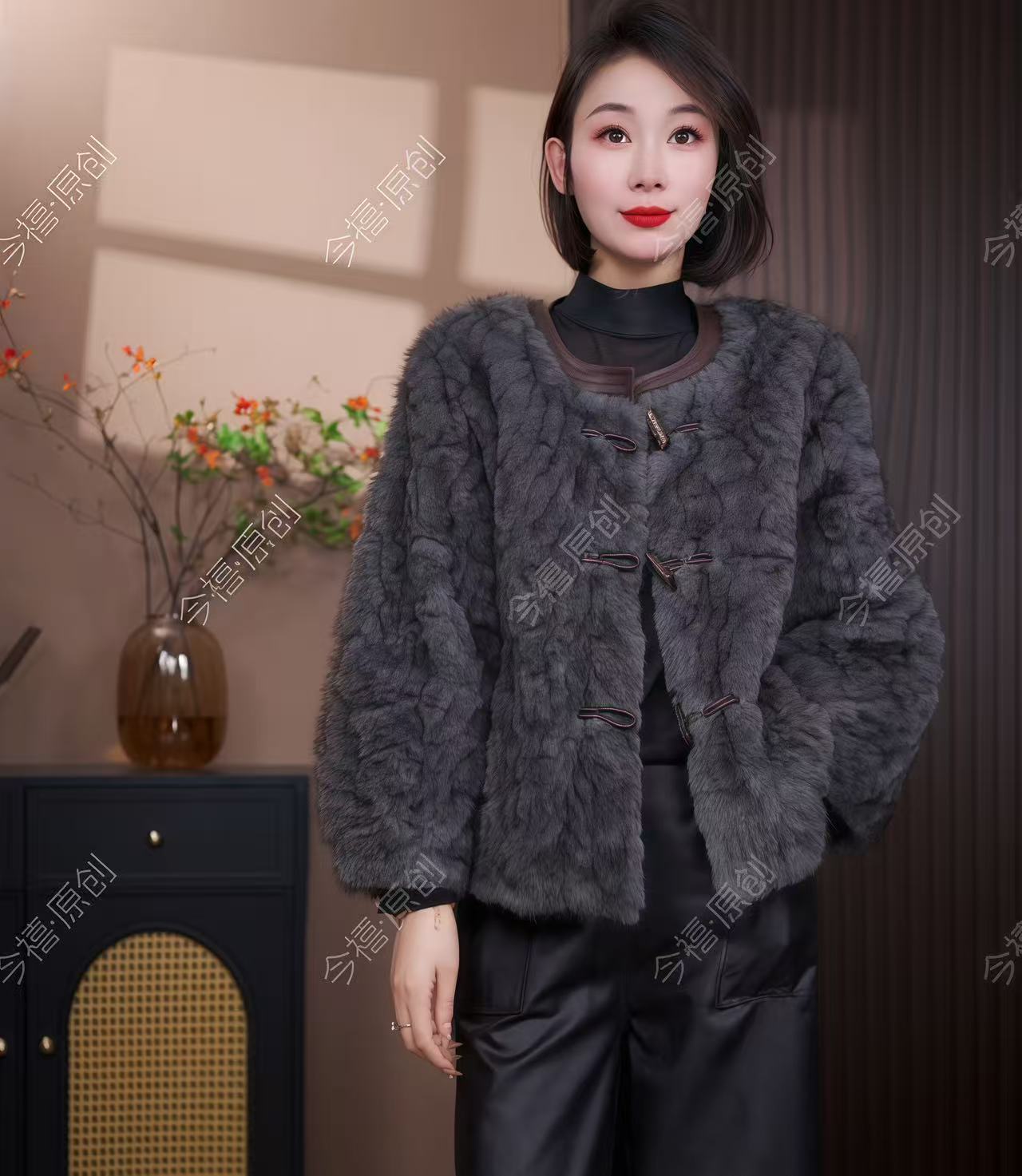 【初见】原创定制；秋冬新款泡泡袖重工貂绒立领女装外套