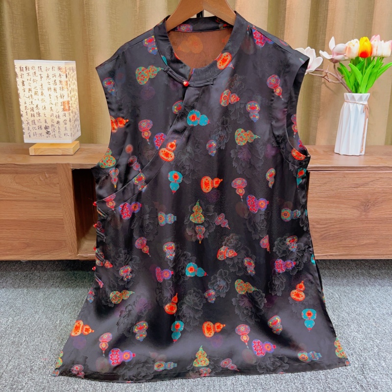 『宝葫芦』新中式花色奥黛葫芦无袖短袖2025新款国风时尚斜襟上衣