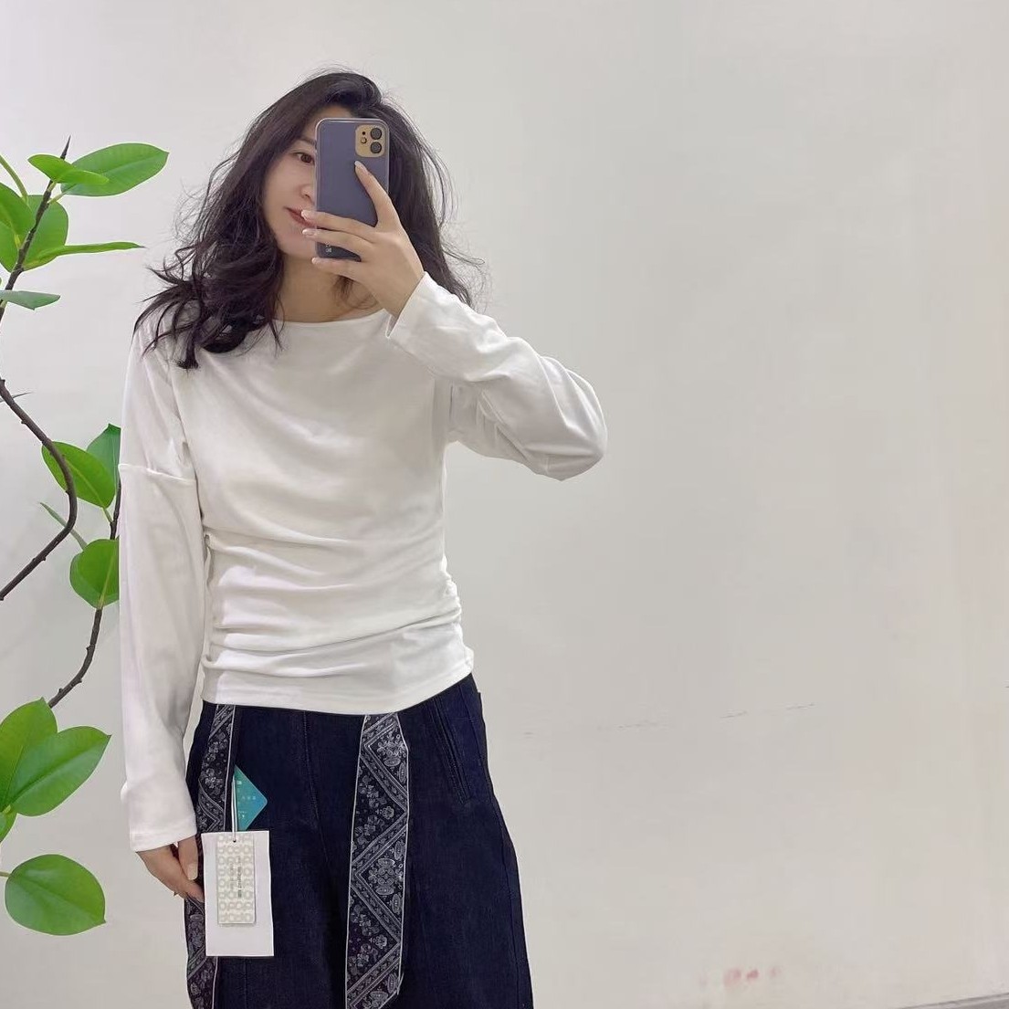 纯棉长袖斜肩简约打底衫