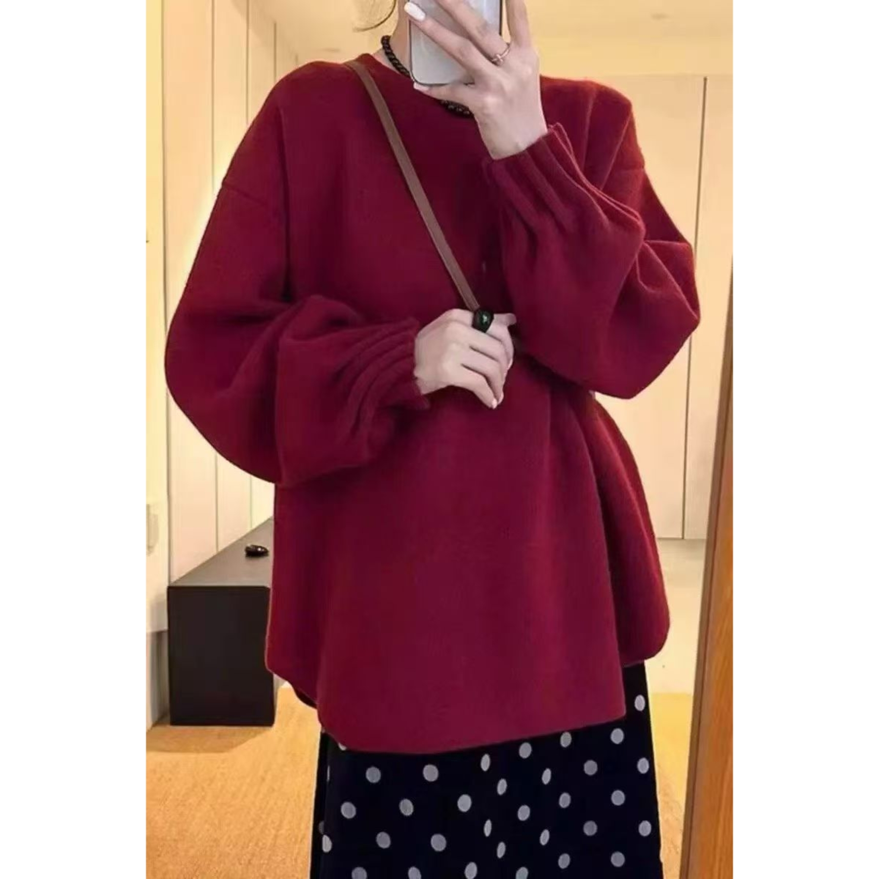韩系慵懒风软糯灯笼袖秋冬纯色打底上衣892