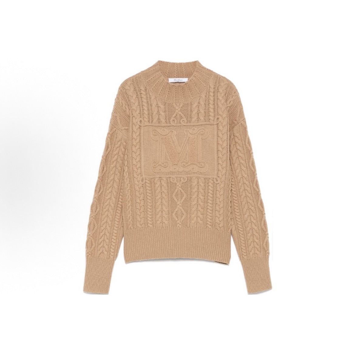 未使用 MaxMara MaxMara嵌花针织圆领长袖毛衣 女款 驼棕色