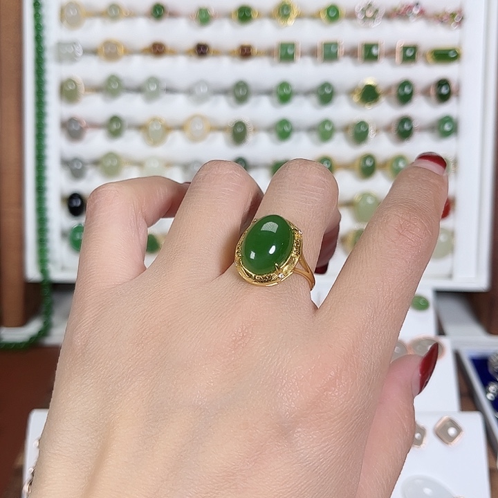 和田玉戒指银S925镀金镶嵌