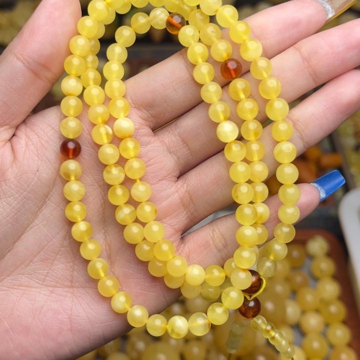 蜜蜡未镶嵌珠宝奇石175-天然蜜蜡原矿新蜡108链子微微瑕