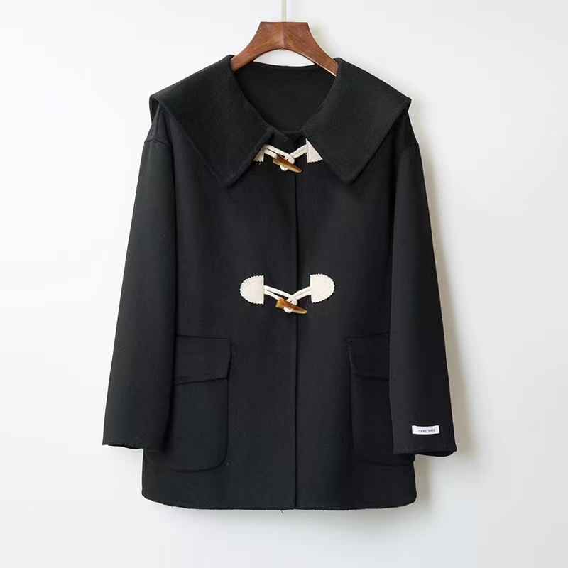 004 双面羊毛大衣女海军领牛角扣毛呢外套学院风秋冬新款G