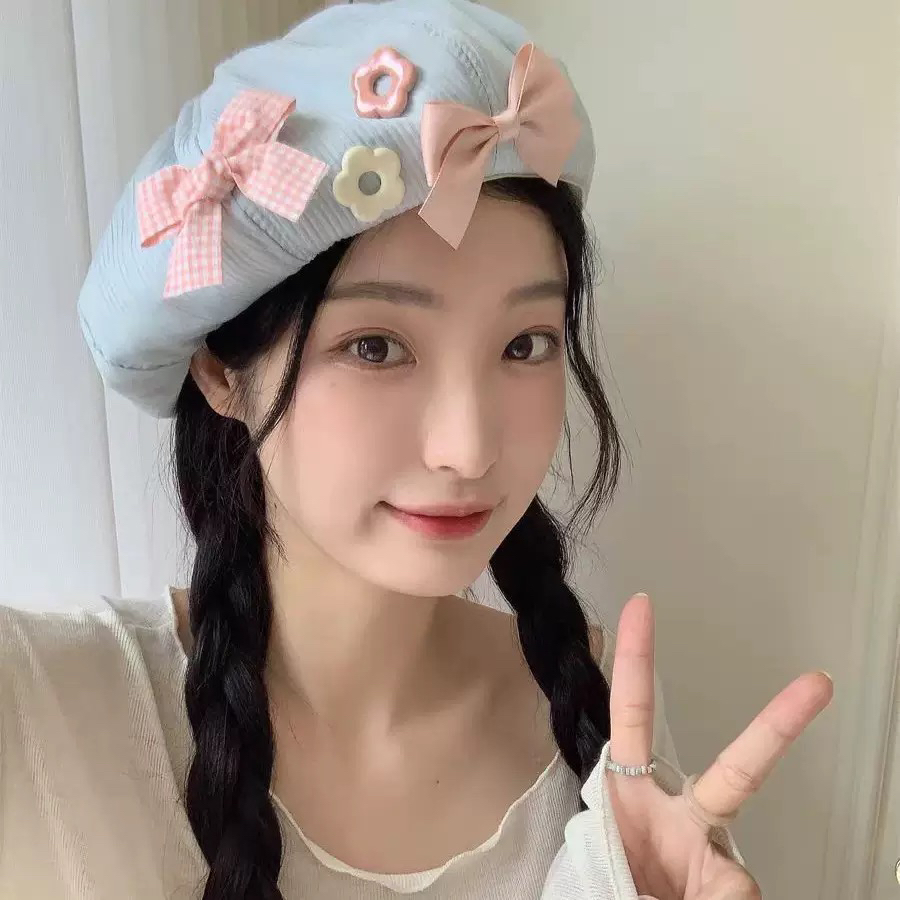 日系复古棉麻八角帽女蝴蝶结云朵画家帽子不对称防晒甜美贝雷帽