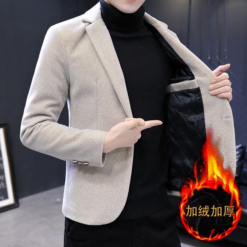 秋冬季男士新款帅气小西装青年时尚帅气毛呢西服百搭加绒加厚外套