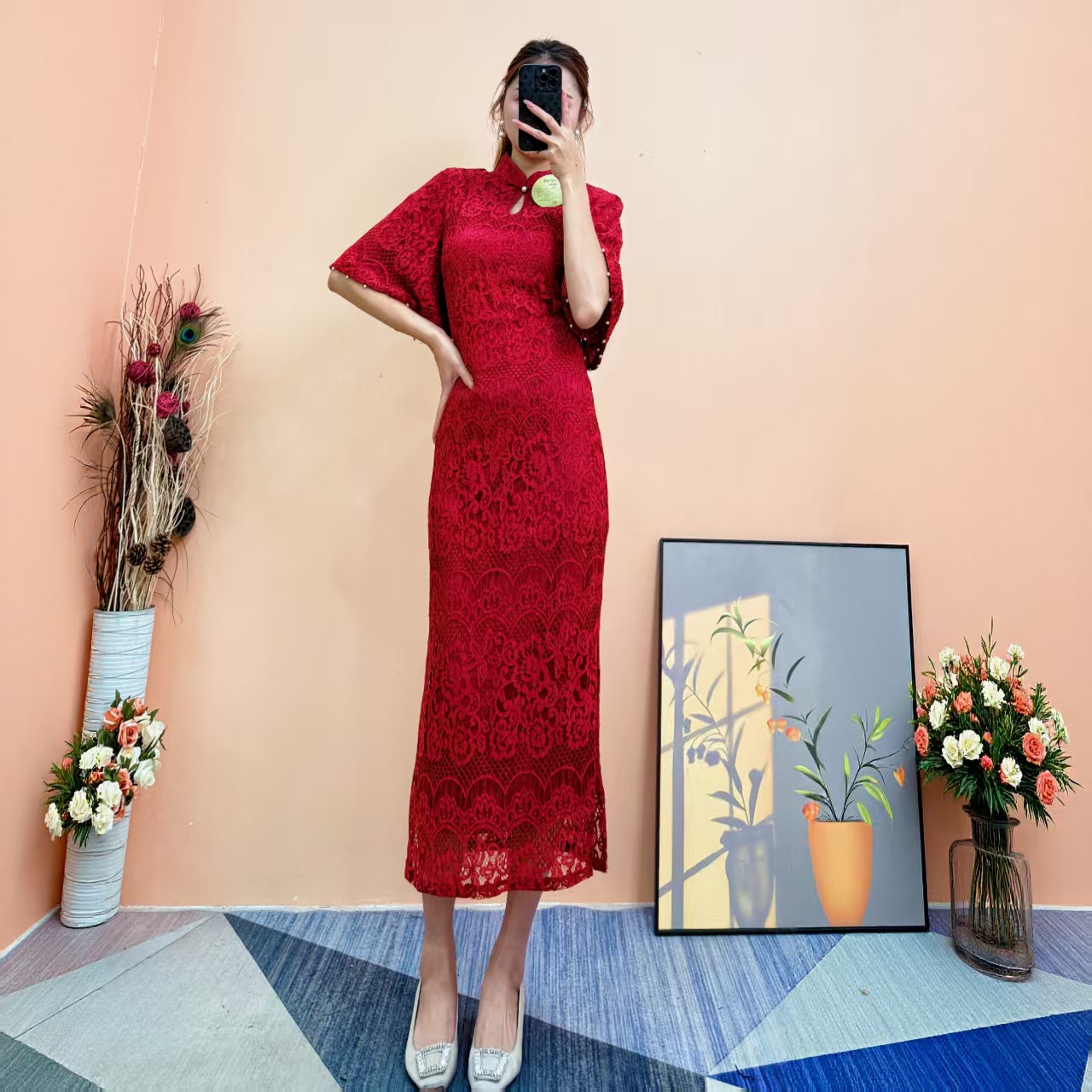 [依易原创]新中式气质优雅镂空蕾丝刺绣珍珠袖修身旗袍裙E1108