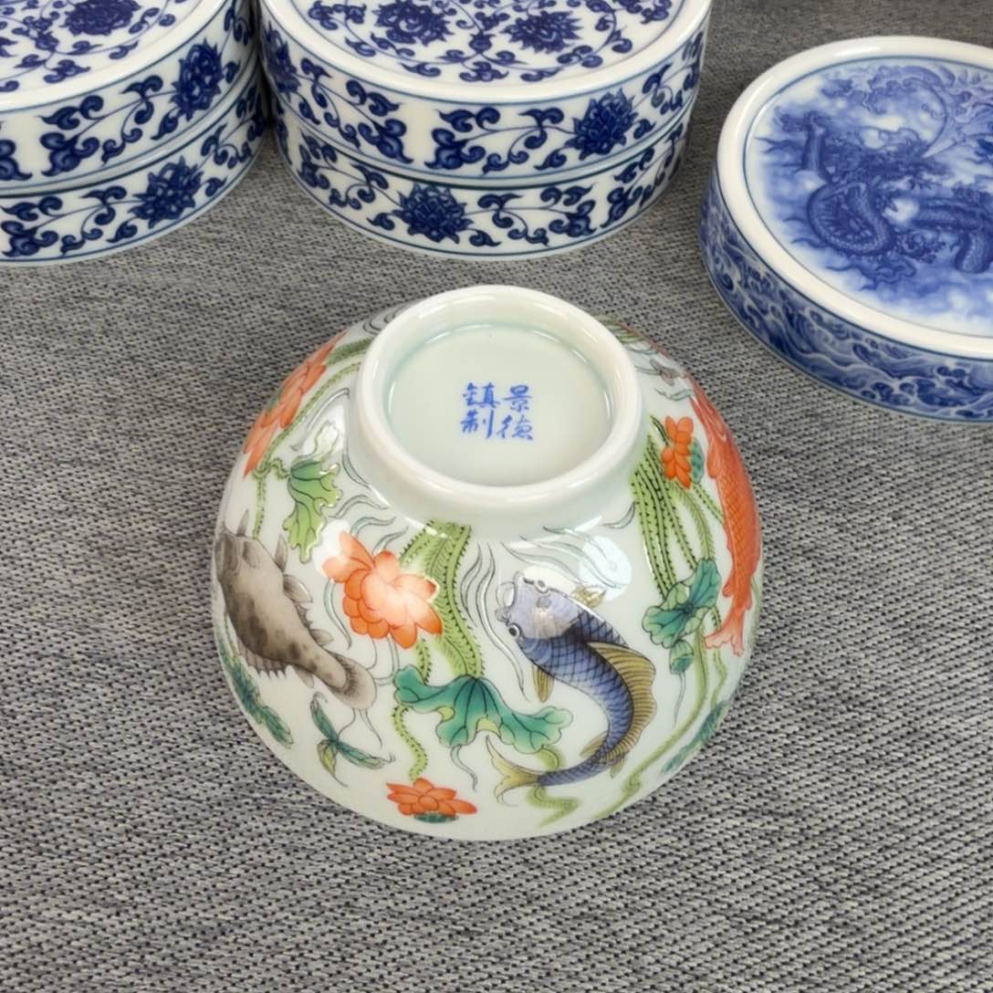 陶摆件鱼澡纹鸡心杯