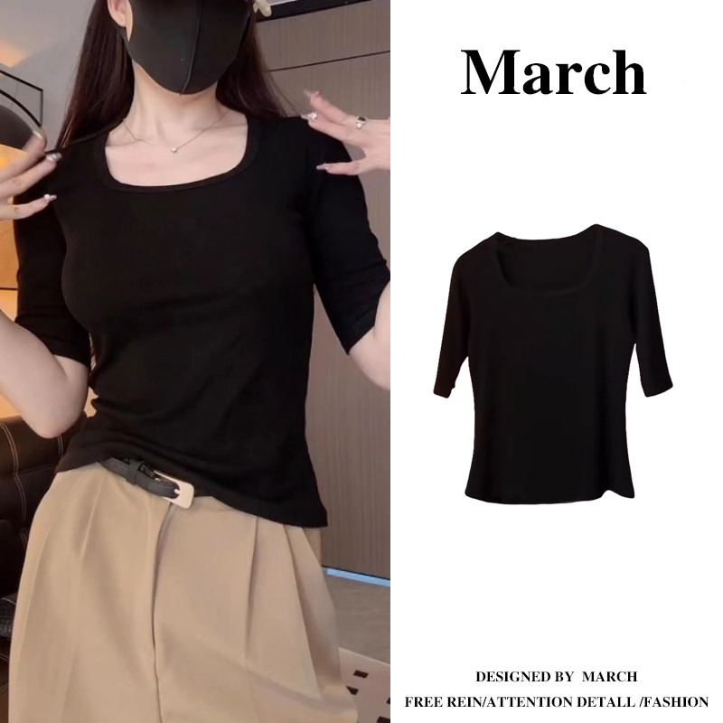 大码黑色短袖正肩t恤女中袖2025夏季新款胖MM方领五分袖上衣-5734