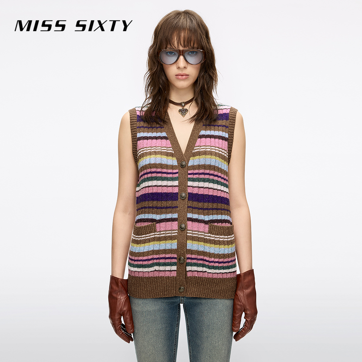 Miss Sixty2025秋季新款羊毛混纺针织马甲女V领无袖条纹叠穿上衣