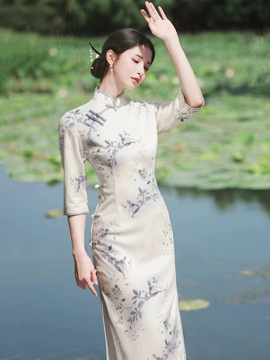 874-米白底 蓝花 年轻  绝美  改良 旗袍 