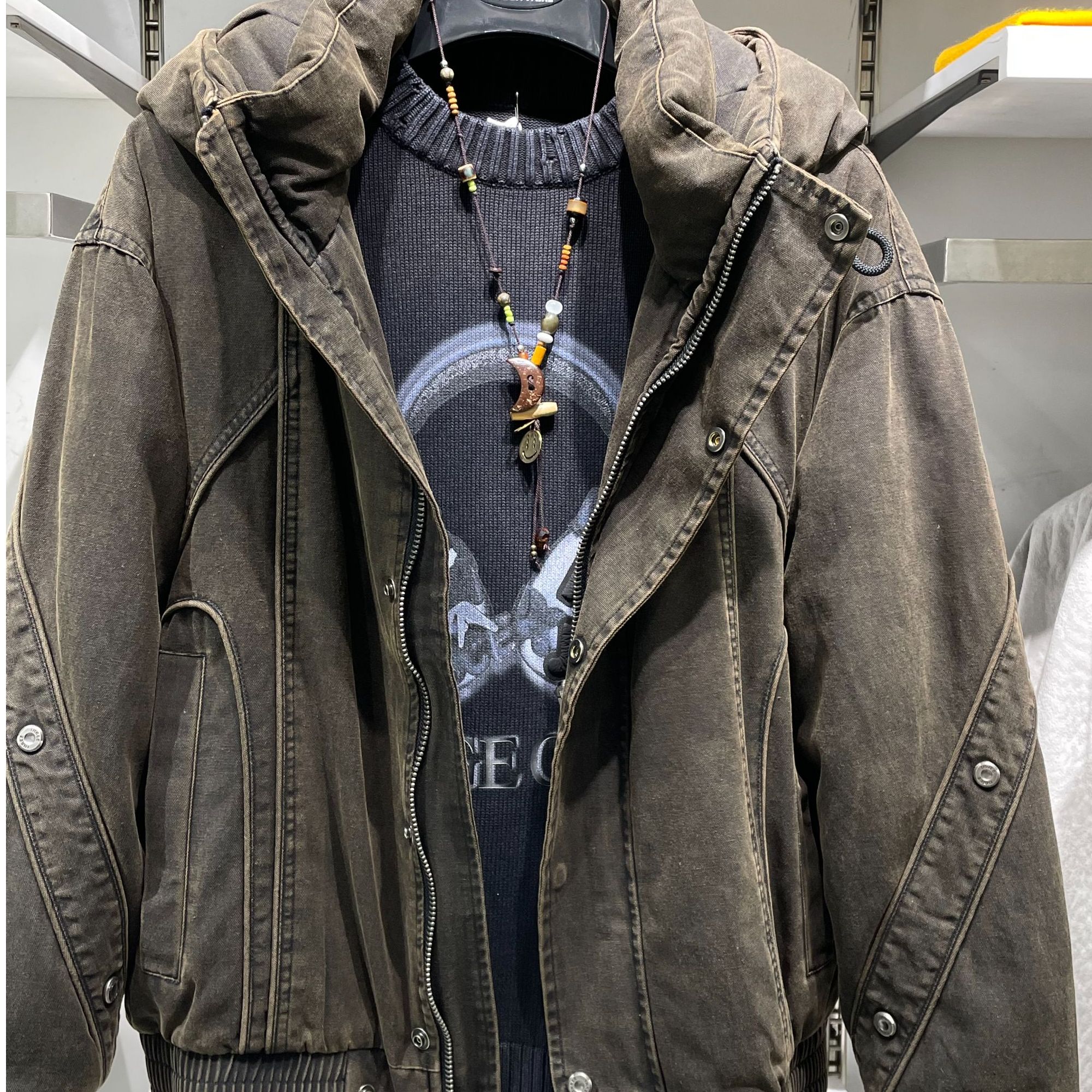 美式潮牌重磅洗水做旧潮牌工装牛仔羽绒服男短款连帽90绒保暖外套