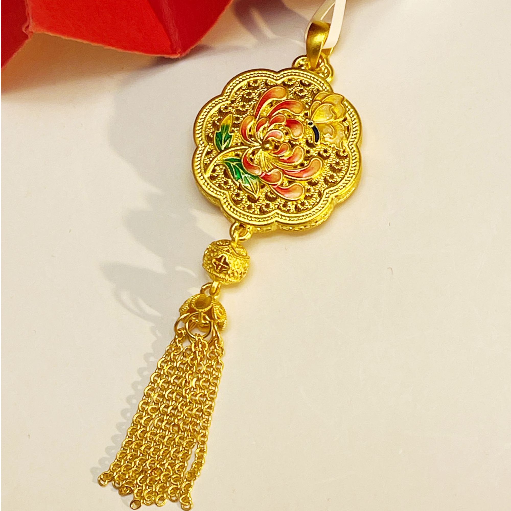 姐妹黄金 足金999精美烧蓝花香蝶自来流苏吊坠