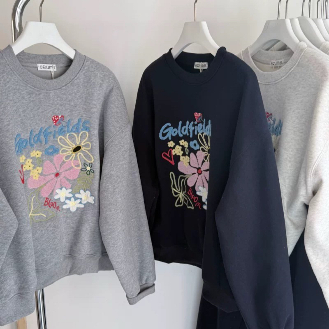 韩系宽松圆领加绒花朵毛巾绣卫衣女秋冬慵懒风百搭上衣