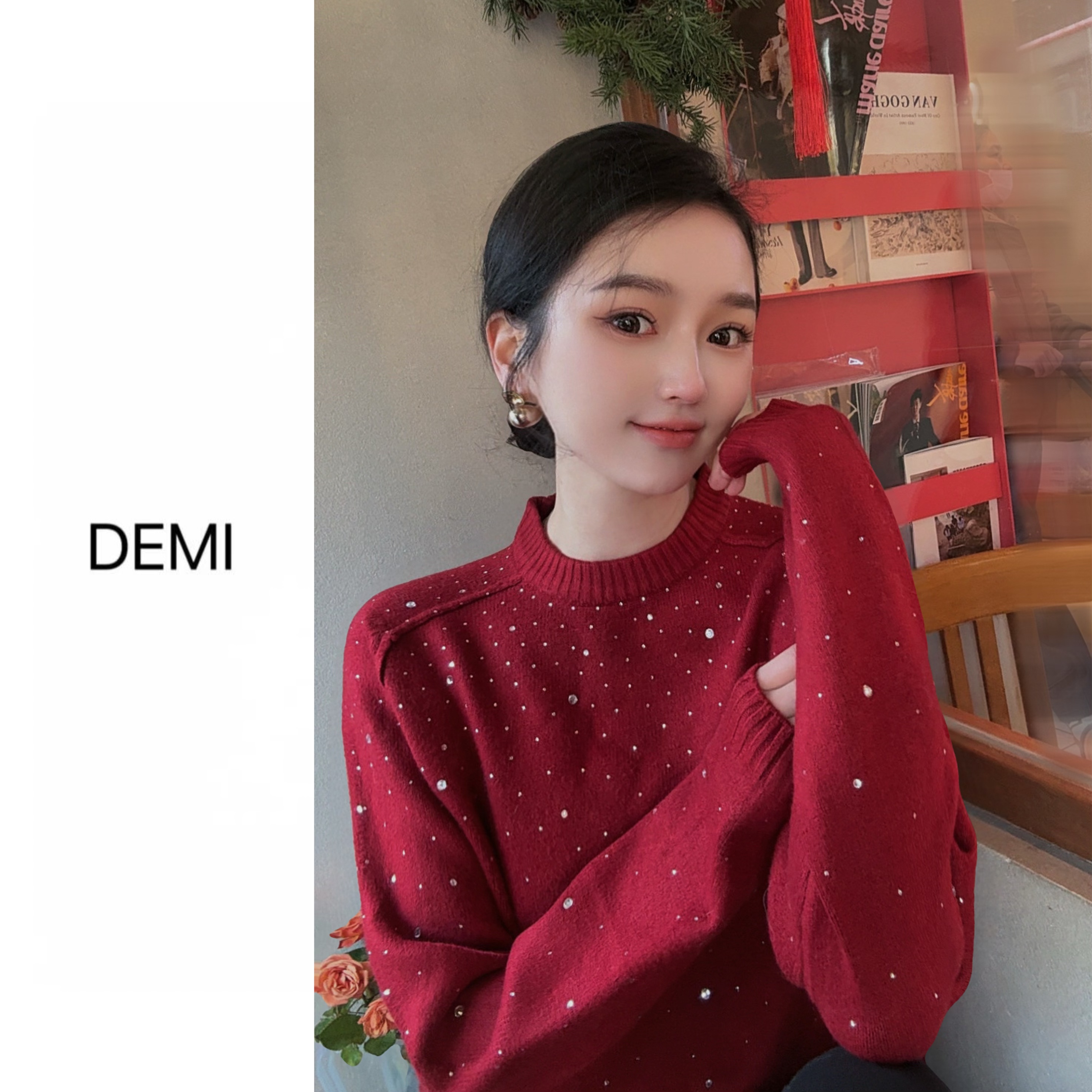 MISS RUILI 定制 冬季新款高级感烫钻宽松毛衣软糯圆领上衣F1512