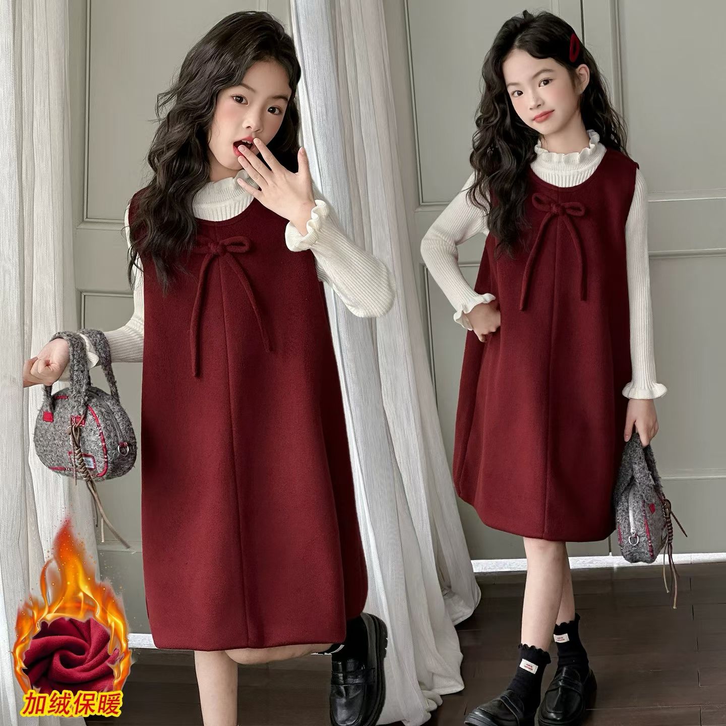 女童秋冬新款红色背心连衣裙套装新年洋气拜年服