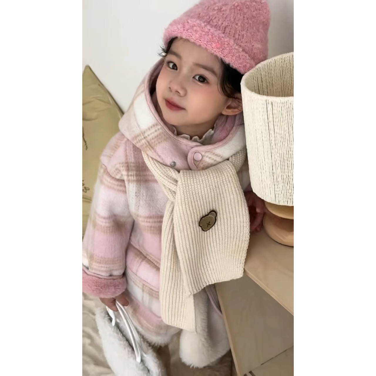 现货【粉格子 大衣】SC640女童冬季格子可爱妮子保暖外套