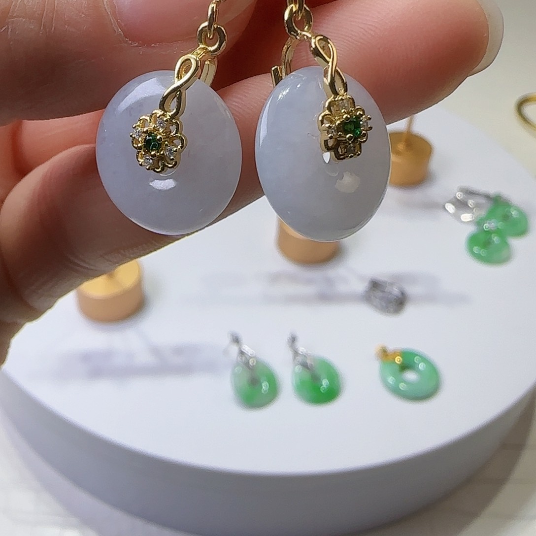 翡翠耳饰银S925镶嵌天然缅甸a货翡翠