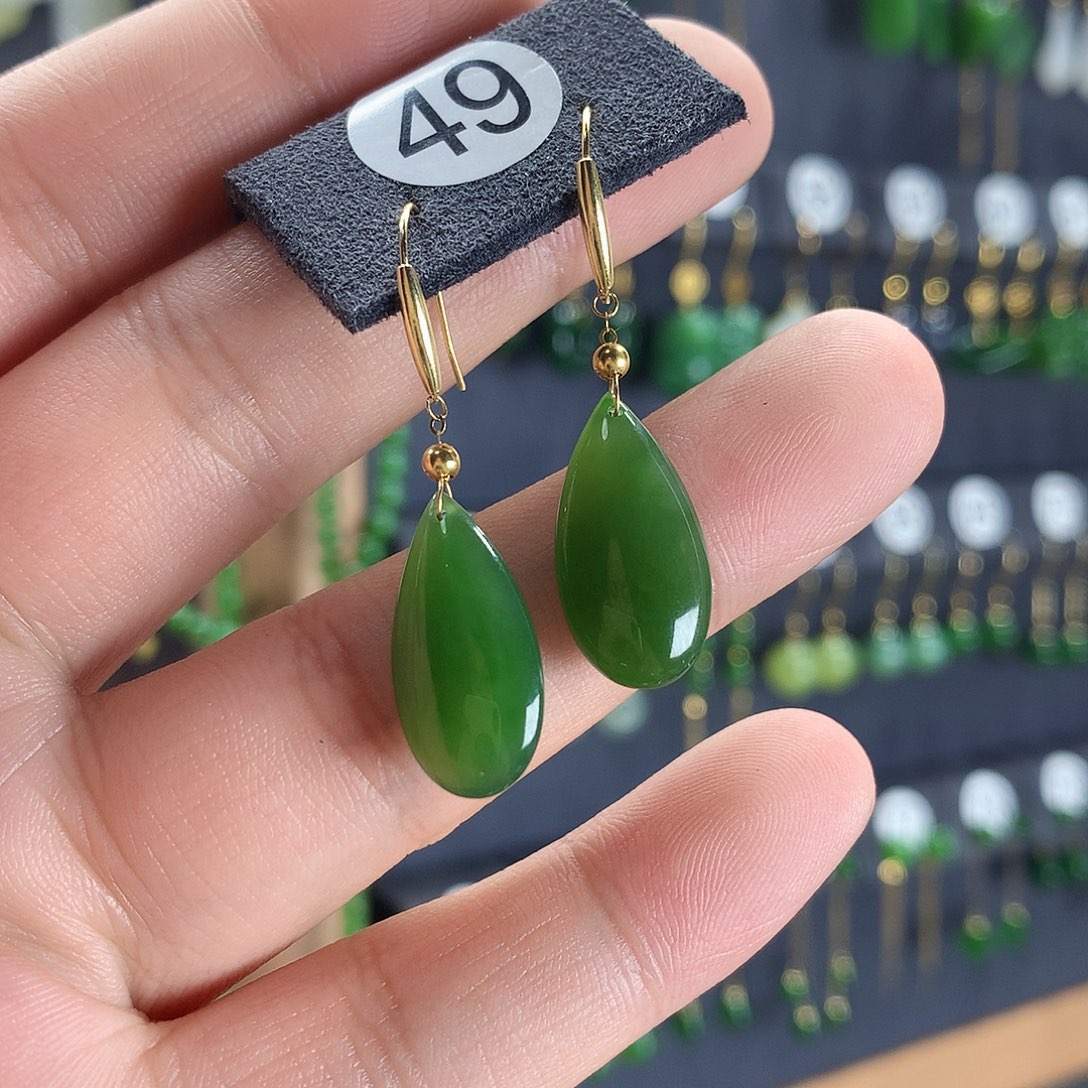 和田玉耳饰18K金镶嵌花*秋49