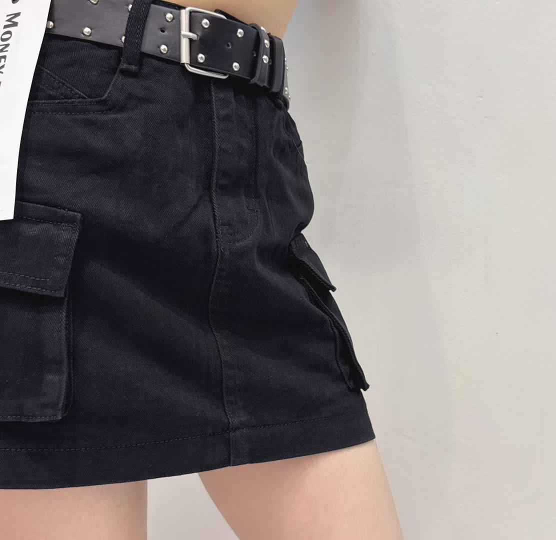 复古工装半身裙女百搭腰带牛仔A字短裙新款黑色裙子半裙