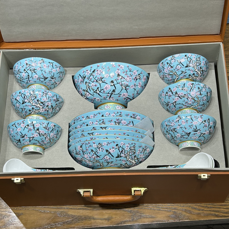 景德镇陶瓷珐琅彩喜上眉梢餐具套组至尊典藏干饭餐具19头套组
