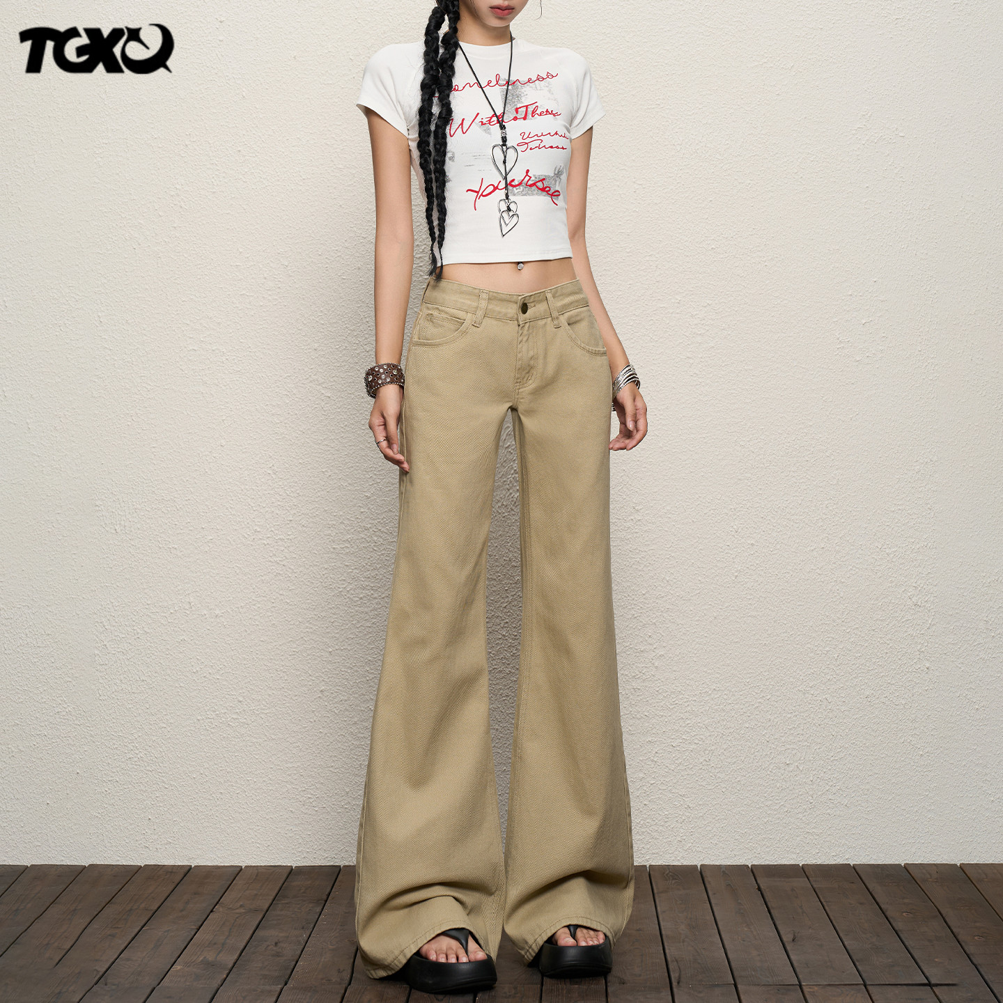 TXQ美式牛仔裤女【卡其色】+【多巴胺】2025新款低腰阔腿显瘦微喇裤子